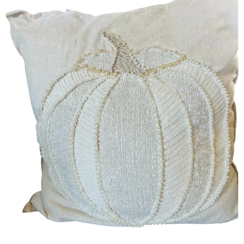 Handmade Pearl Embellished White Pumpkin Throw Pillow Farmhouse Décor
